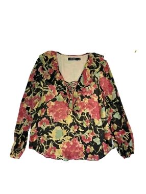 Lauren Ralph Lauren Womens Floral Crinkle Georgette Blouse Size L Ruffle Lace Up